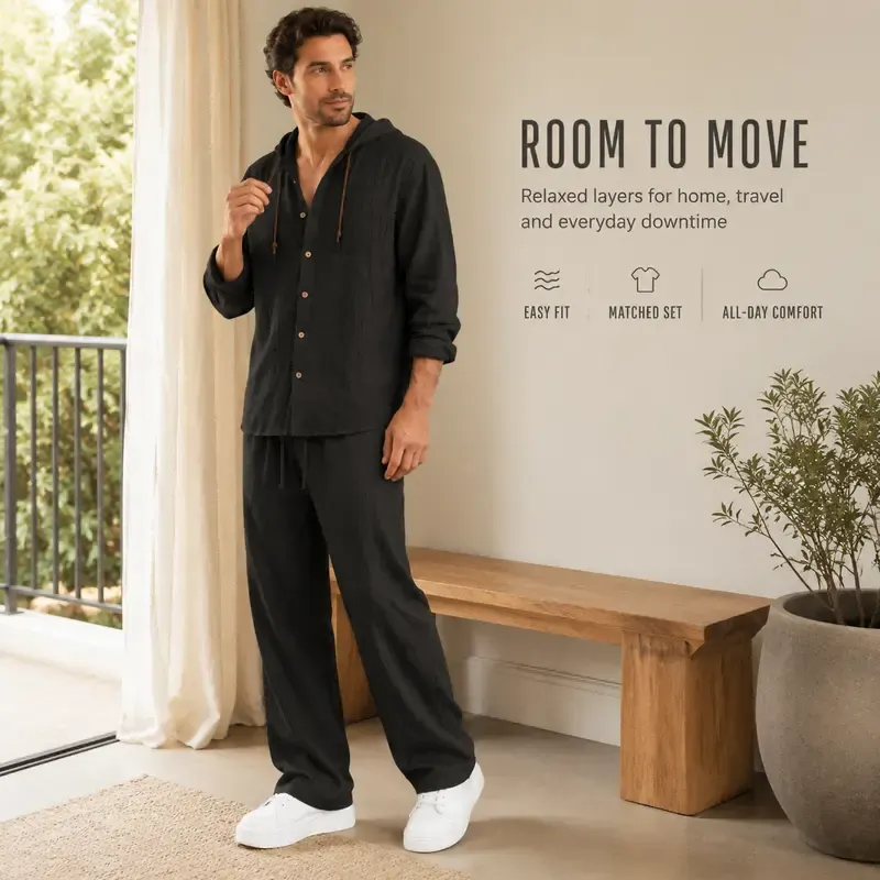 2-Piece Set Men's lightweight Trendy Hooded,Made From Soft Linen,Casual Vacation Style, Loose Fit Breathable Fabric,Long Hoodie & Wide-Leg Pants, Summer Wear outdoorfun Sweatshirt Clothes Fashion Trouser