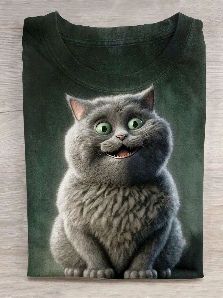 Cute Cat Art Pattern Print Casual T-shirt