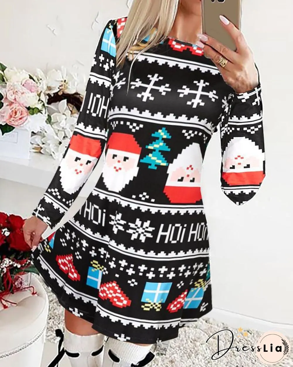 Christmas Print Long Sleeve Casual Dress
