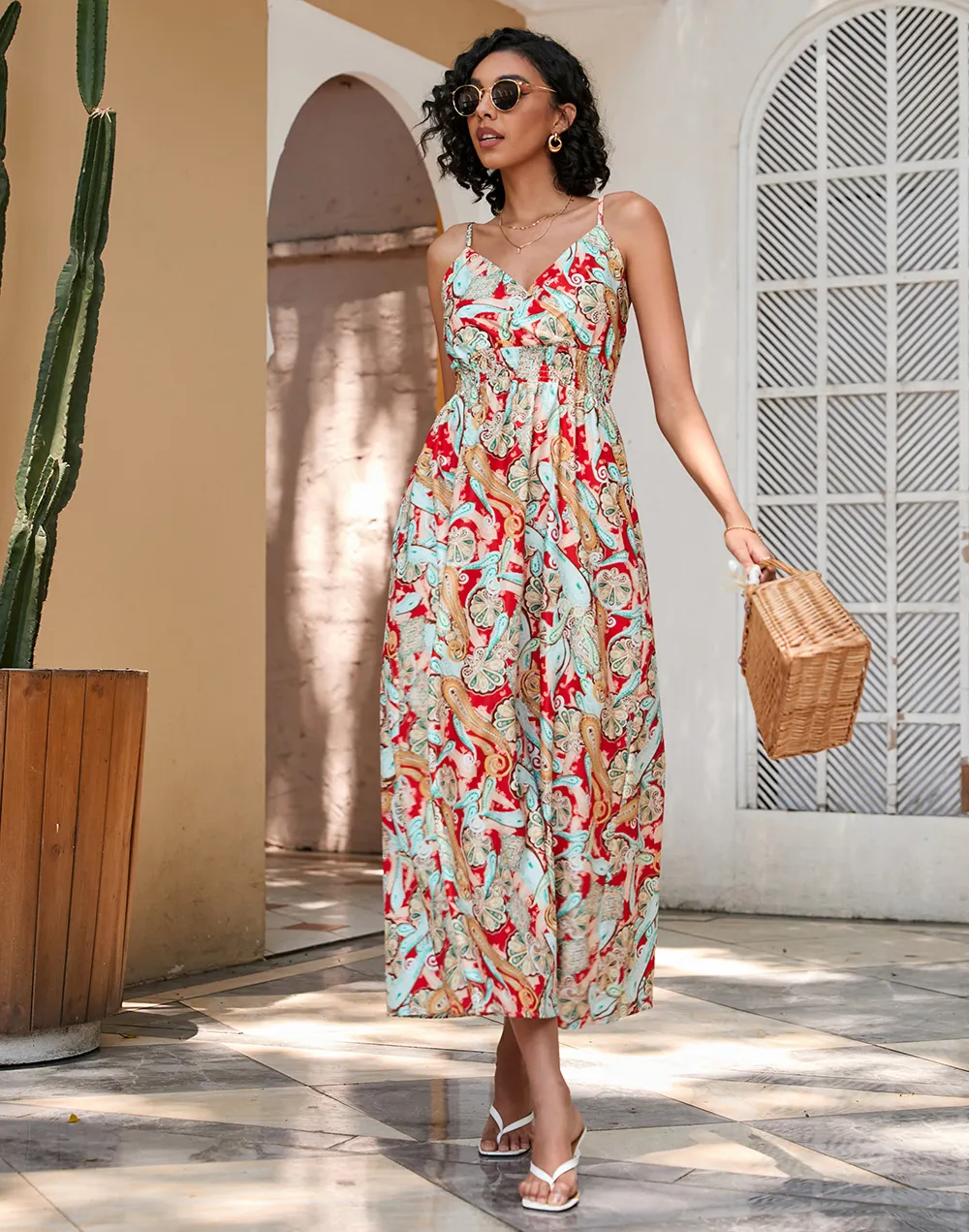 Churchf Women's Dress Station Summer Print Collection Waist Long Sling Dress
