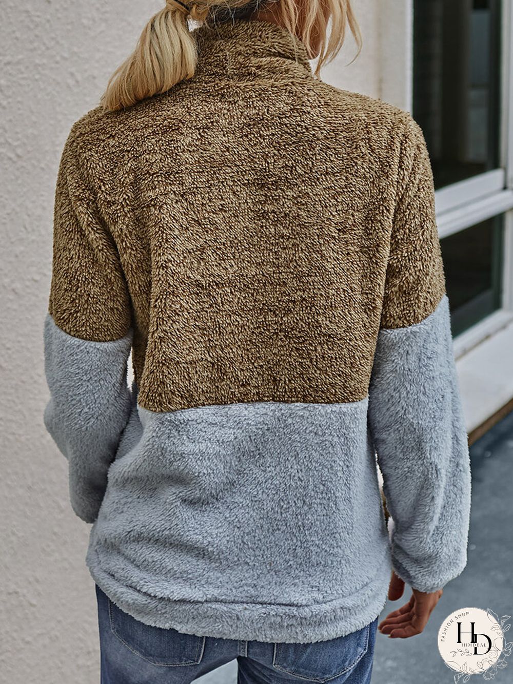 Patchwork Long Sleeve High Neck Zipper Fly Pocket Sweatshirt For Women