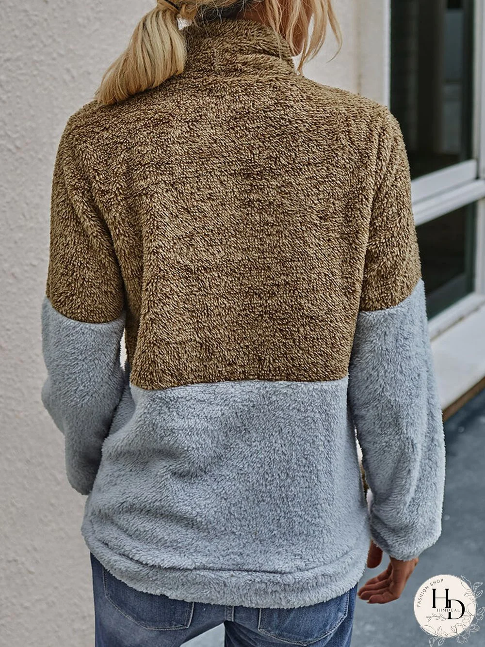 Patchwork Long Sleeve High Neck Zipper Fly Pocket Sweatshirt For Women