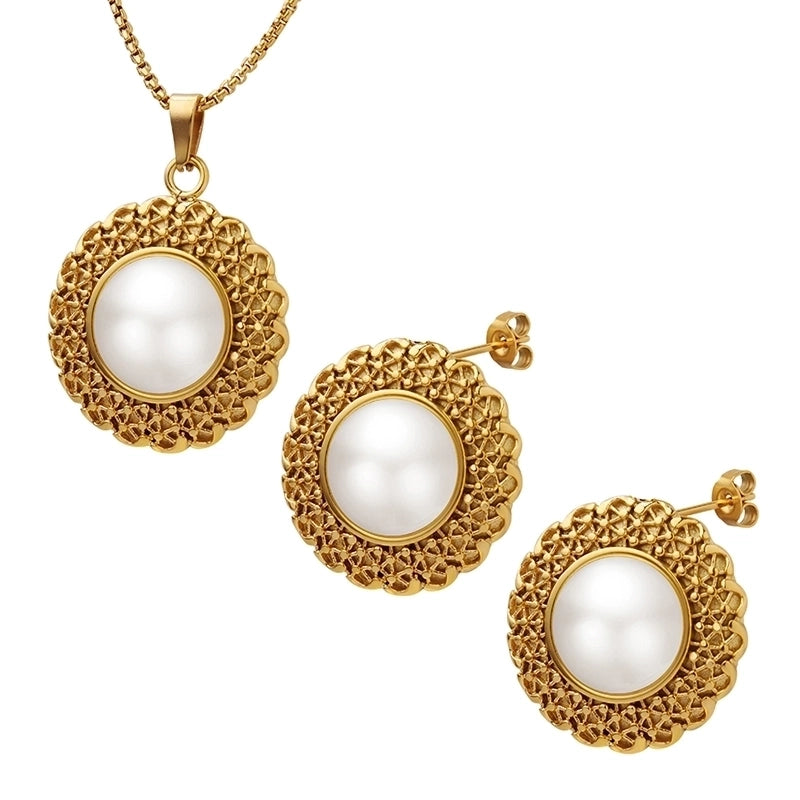 Minimalist Round 304 Stainless Steel Pearl 18K Gold Plated Gold Plated Earrings Necklace