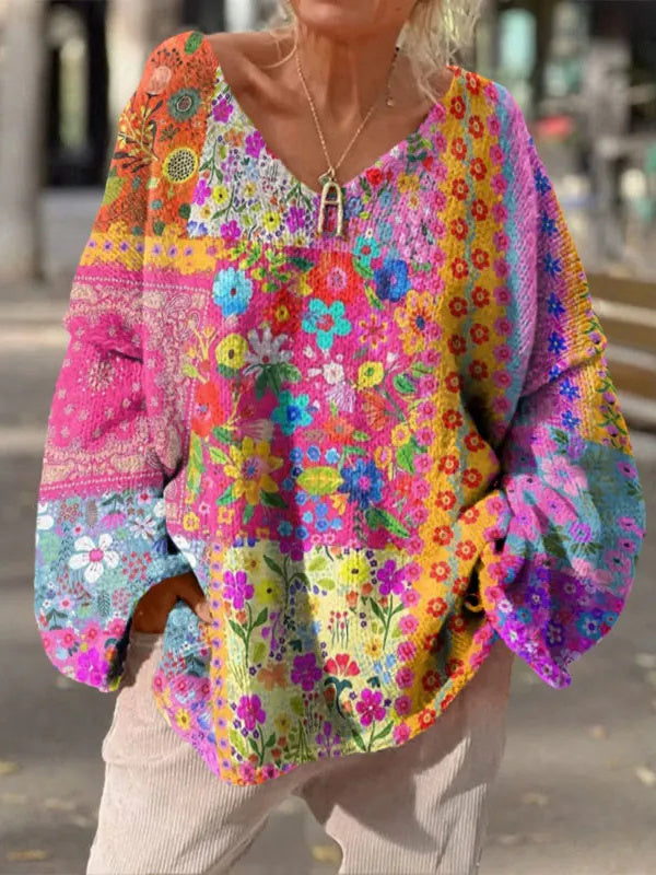 Women Long Sleeve V-neck Graphic Floral Printed Top