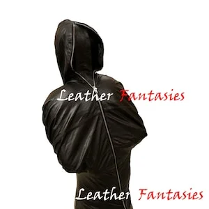 pornhint Pornhint Genuine Black Leather Body suit BDSM Gimp Suit Blindfold hood with inner sleeves pet play bitch suit fully restricted and covered sensory