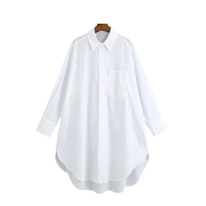 TRAF Women Fashion With Pockets Oversized Asymmetry Blouses Vintage Long Sleeve Button-up Female Shirts Blusa Chic Tops