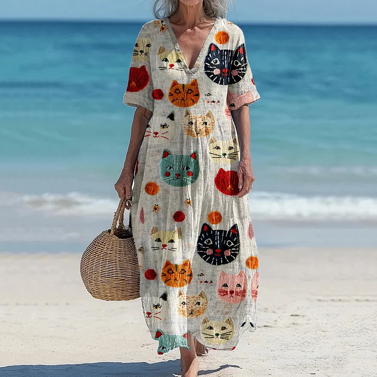 Vintage Cute Cat Embroidered Cozy Linenart Women's Maxi Dress