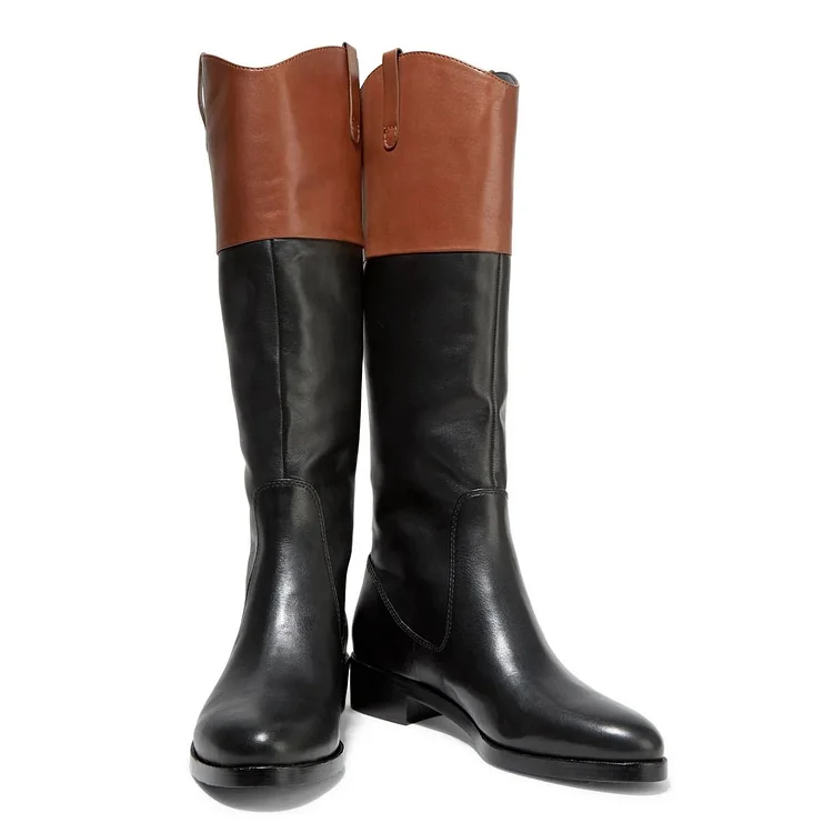 Brown and Black Stitching Color Round Toe Flat Knee High Boots |FSJ Shoes