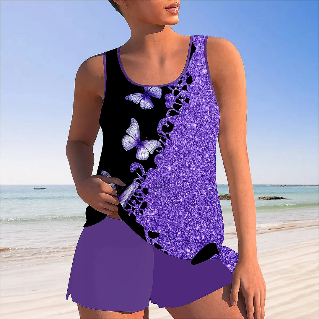 Bowknot Purple,Butterfly,Glitter Mid Waisted Tankini Set - Plus Size Available