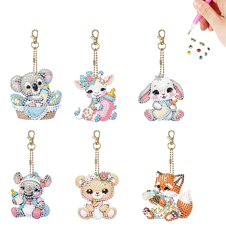 【Key-chain】6Pcs Acrylic Double Sided Baby Animals Diamond Painting Keychain for Beginners gbfke