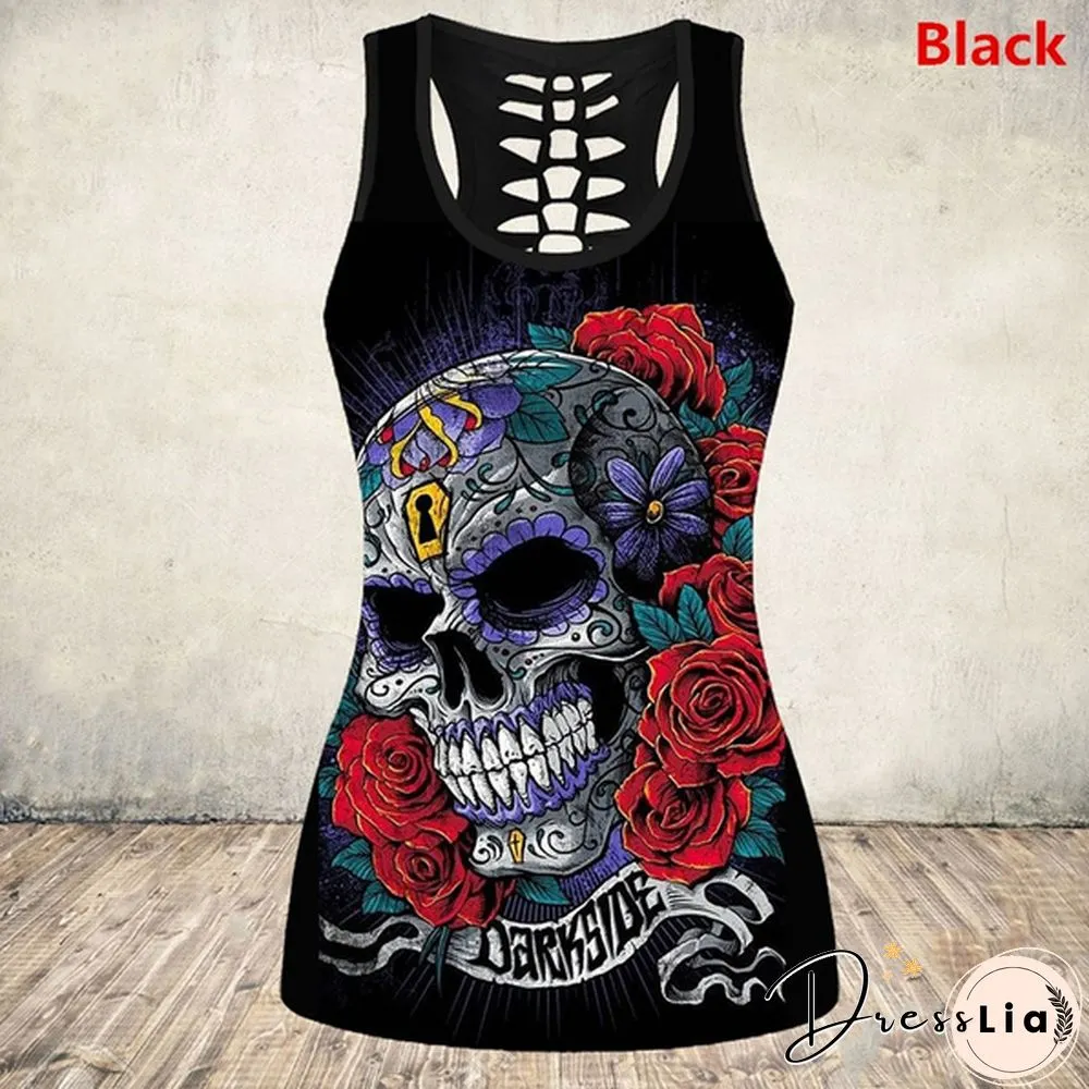 New Women's Skull Print Cut Out Back Tank Top Gothic Sleeveless Shirt Tops