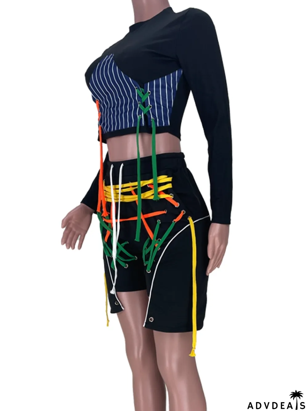 Autumn Black Fitted Lace-Up Crop Top and Shorts Set