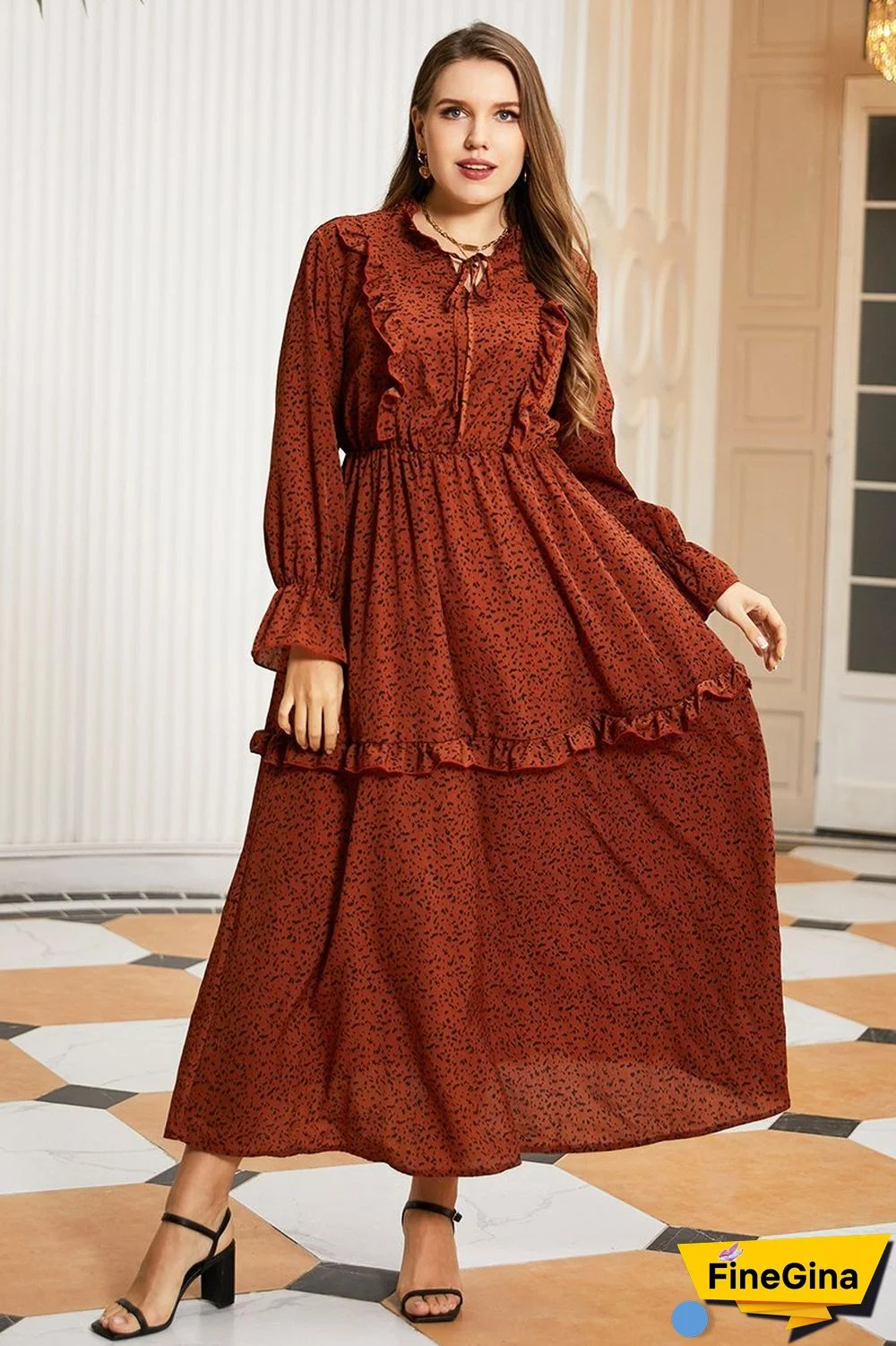 Burgundy Tie-neck Ruffle-detailing Tiered Maxi Dress P10376