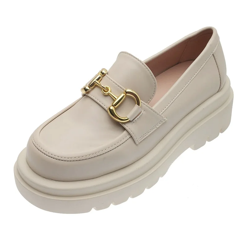 Flats Leather Casual Shoes Metal Buckle Platform for Women 2021 Oxfords Women&#39;s Loafers Genuine Moccasins Slip-on Autumn
