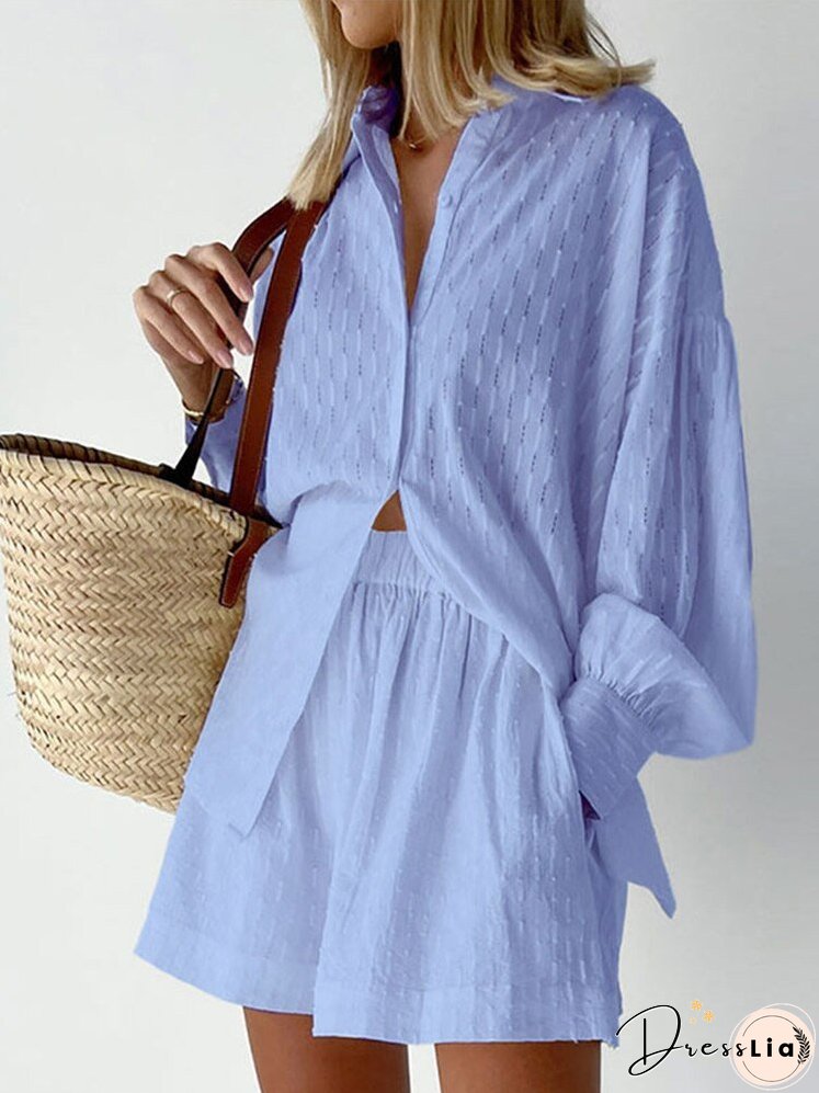 Elegant Jacquard Shorts2 Pieces Set Women Solid Long Sleeves Shirts Pants Sets Female Casual Tops Vacation Outfits