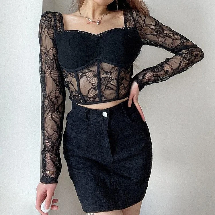 GOTH LONG SLEEVE LACE BLACK BLOUSE