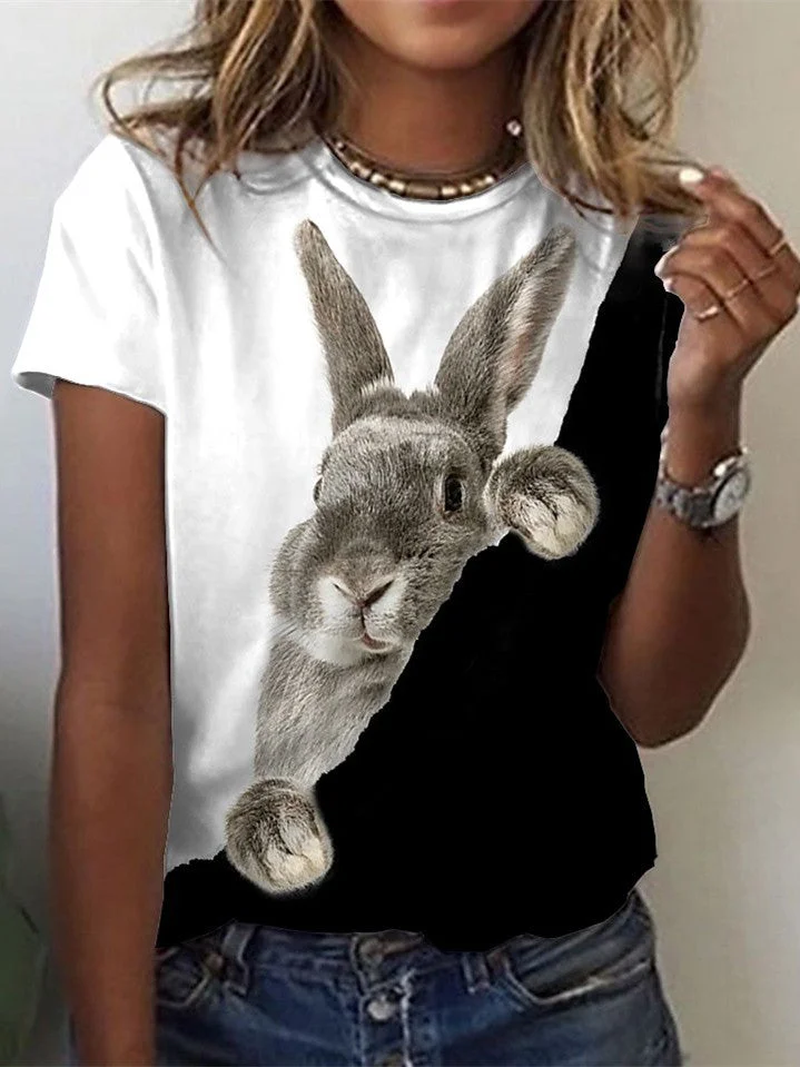 Women's Short Sleeve Round Neck Rabbit Pattern Loose Casual Top