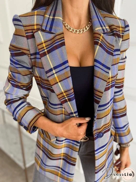 Women's Blazers Long Sleeve Slim Single-Button Plaid Print Blazers