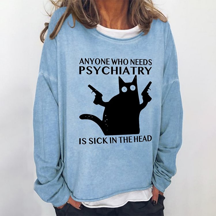 Cat Print Letter Crew Neck Loose Casual Sweatshirt