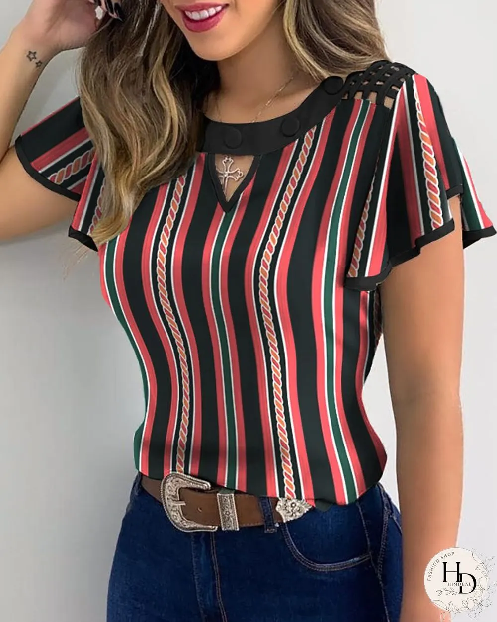Womens Fashion Elegant Casual Floral Hollow Out Blouse Striped Colorblock Sheer Mesh