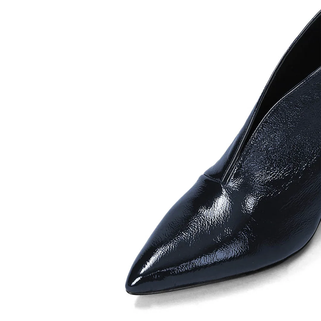 Navy Pointed Toe Low Kitten Heel Slip On Ankle Boots for Women