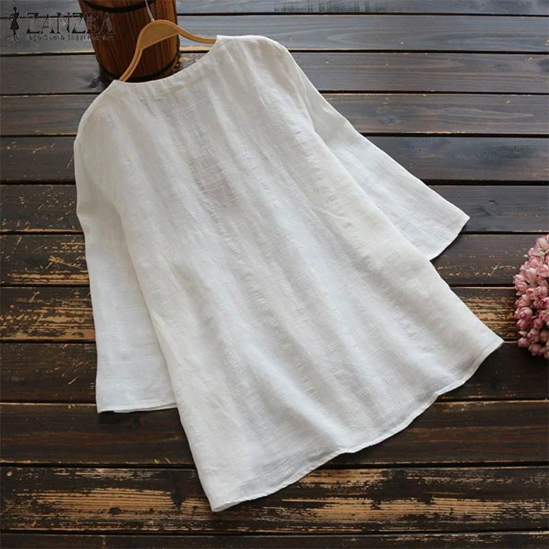 Summer Cotton Blouse 2022 ZANZEA Women 3/4 Sleeve Shirt Casual Solid Blusas Elegant Chemise Female Vintage V Neck Tops