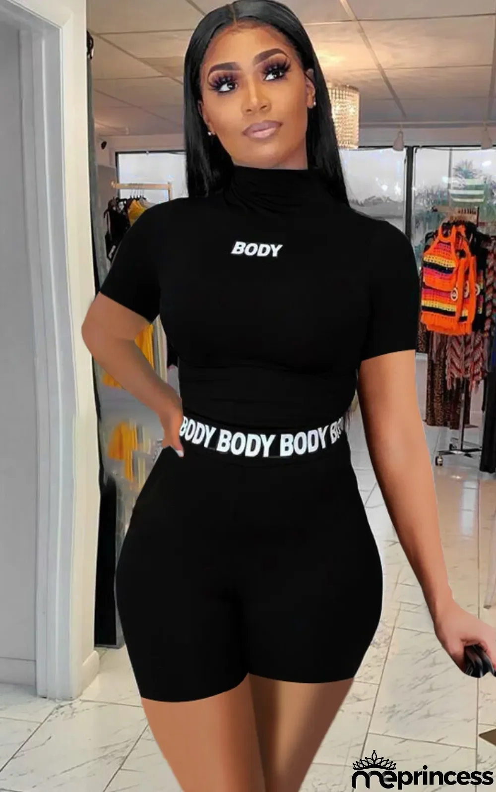 Summer Print Black Bodycon Crop Top and High Waist Shorts Set