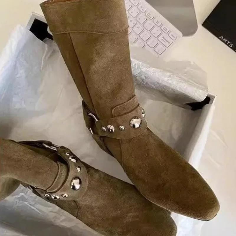 Mutualwheels popular women's shoes 2025 New Autumn Women's Suede Ankle Boots Studded Low Heel Party Shoes Women's Denim Short Boots Classic  Zapatos