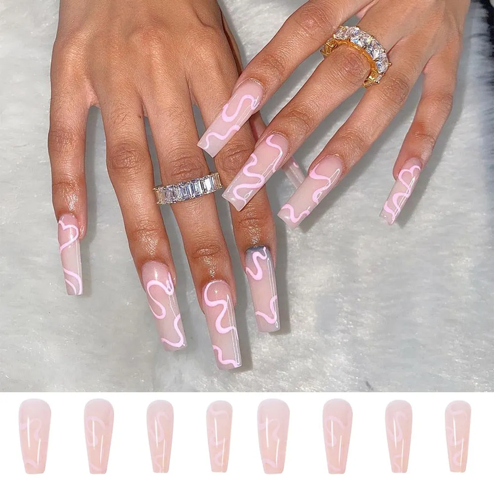 24Pcs Long Coffin False Nails with Colorful Wave Designs Wearable Fake Nail Full Cover Nail Art Tips Press on Nail Manicure Tool 515-1-Nail Inspo