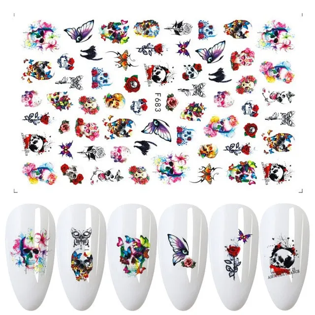 Nail Stickers Back Glue Halloween Skull Pumpkin Christmas Snowman Snowflake Designs Nail Decal Decoration Tips For Beauty Salons-Nail Inspo