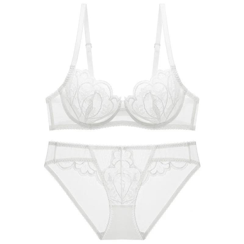 CINOON Sexy Petal Shape Ultra-thin Cup Bra Set Push-up Underwear Set Embroidery Brassiere Gather Bra Plus Size Lace Lingerie Set