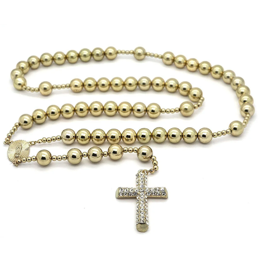 15mm  Gold Crystal Beads Guadalupe Rosary & CrossPendants-VESSFUL