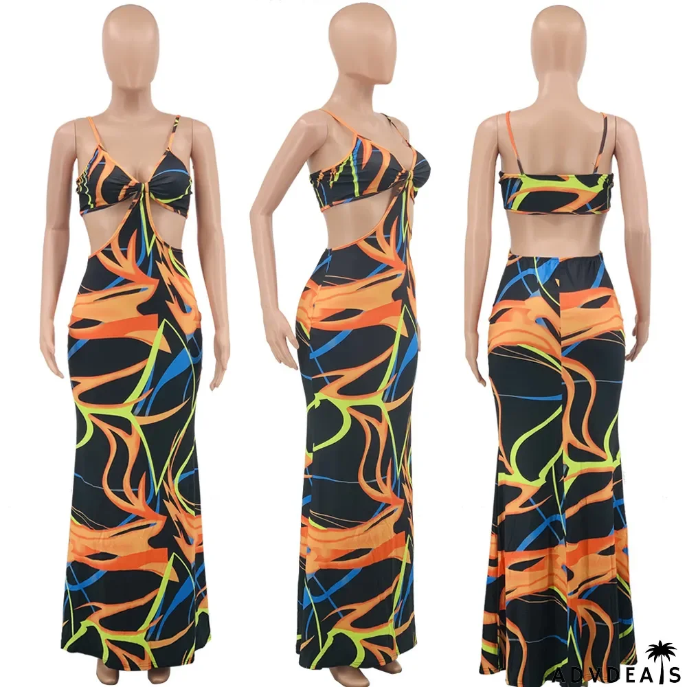 Sexy Print Sleeveless Sling Maxi Dress