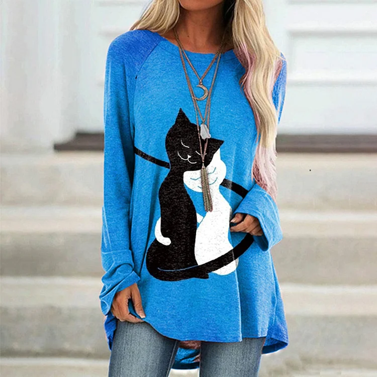 Vefave Black and White Cat Print Long Sleeve Tunic
