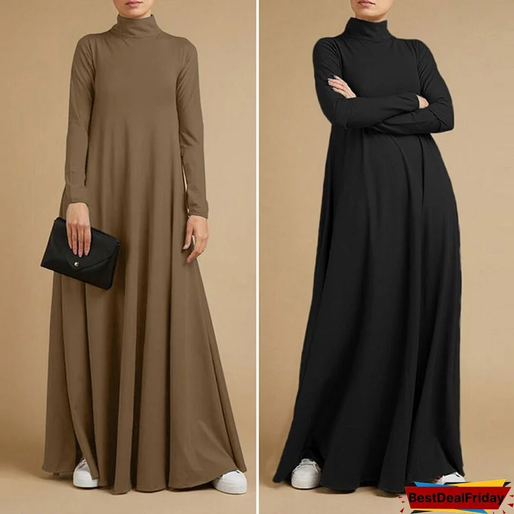 ZANZEA Women A-Line High Neck Dress Kaftan Abaya Plus Size Long Maxi Dress