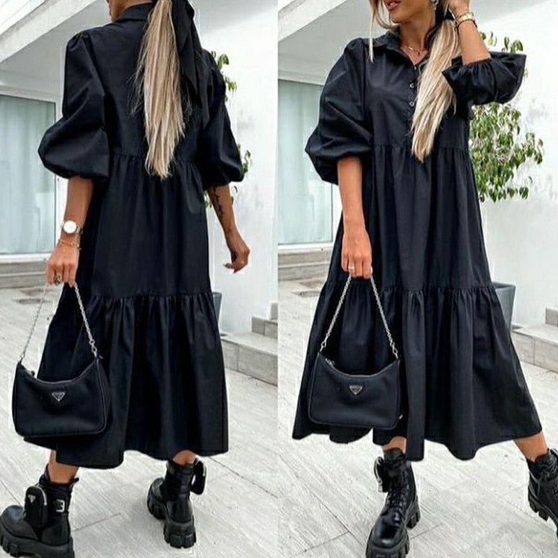 Summer Dress Loose Women Party Dresses Sexy Turn-down Collar Button Office Lady Robes Retro Half Sleeve Long Dress Robe Femme
