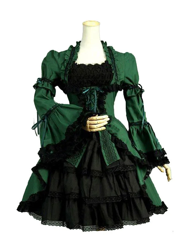 Green Retro Costume Lace Flared Sleeves Marie Antoinette Layered Dress Women 18th Century Halloween Costume Novameme