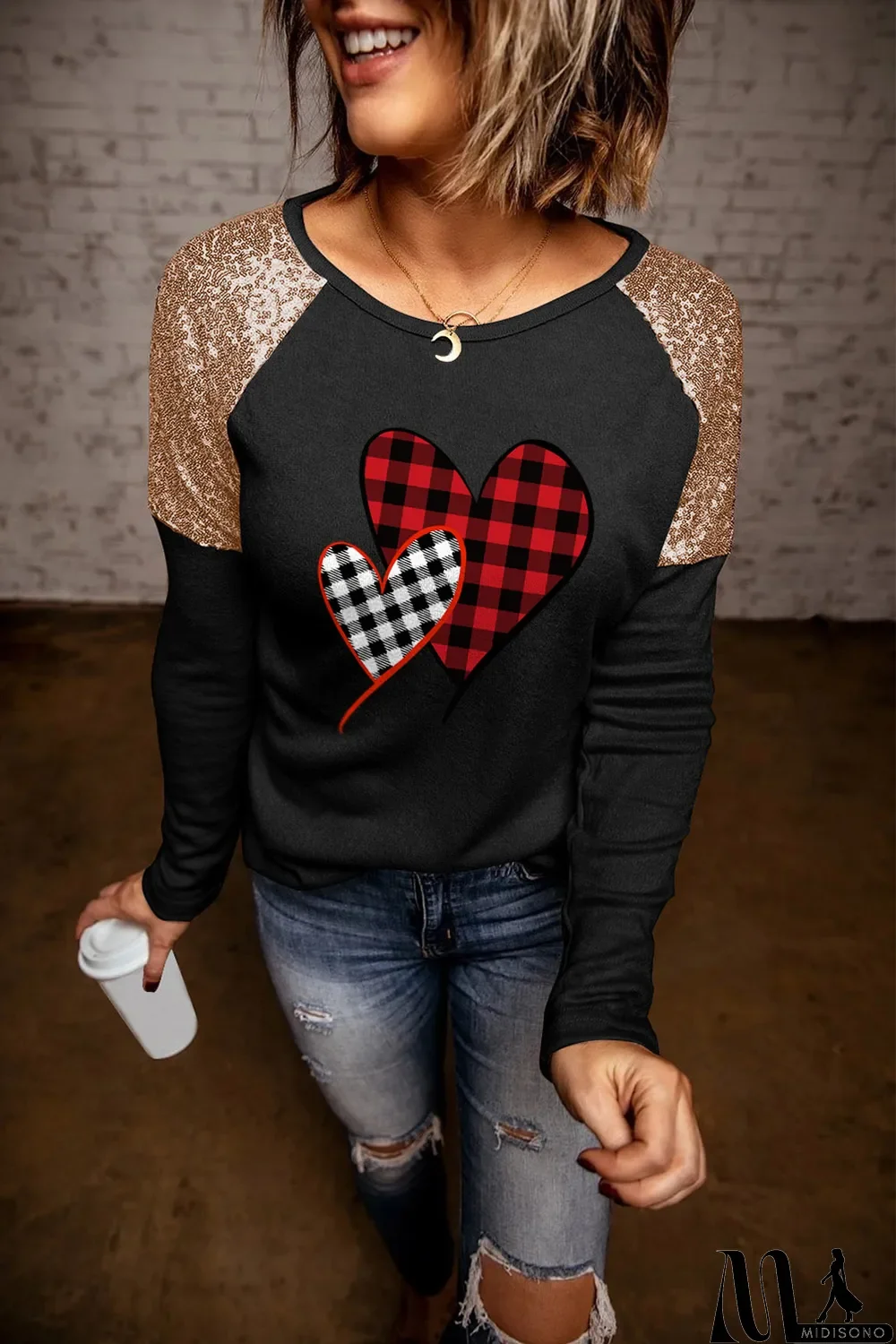 MidiSono - Black Heart Shape Plaid Print Sequin Patchwork Long Sleeve Top