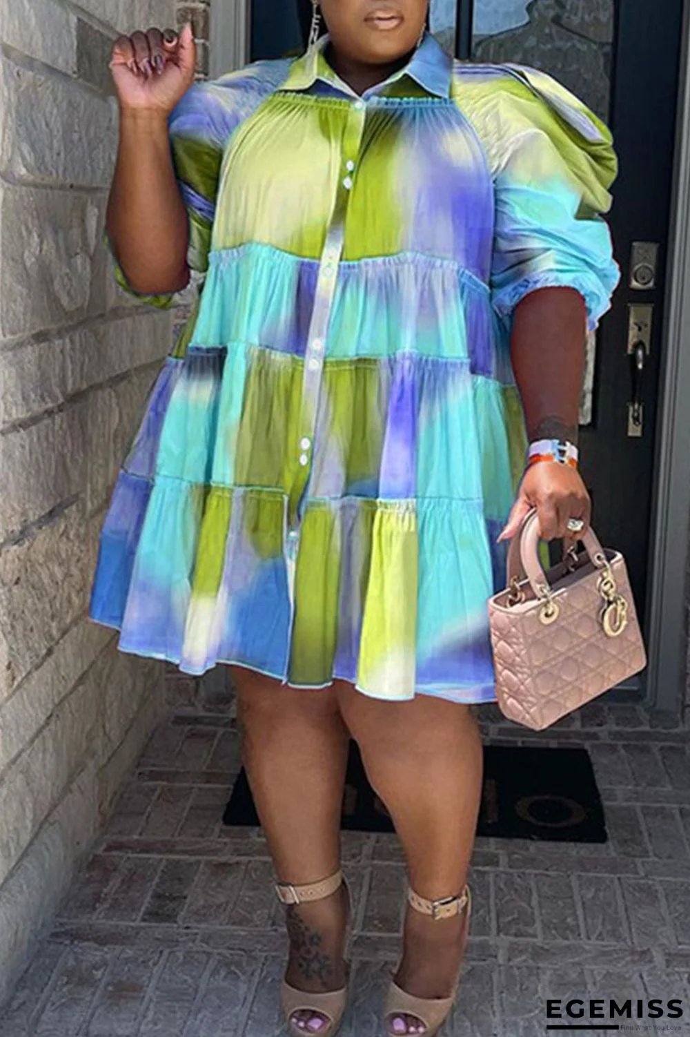 Green Yellow Casual Print Patchwork Buckle Turndown Collar Shirt Dress Plus Size Dresses | EGEMISS