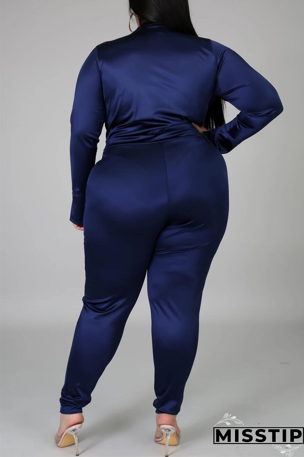 Blue Fashion Casual Solid Basic Turtleneck Plus Size Set