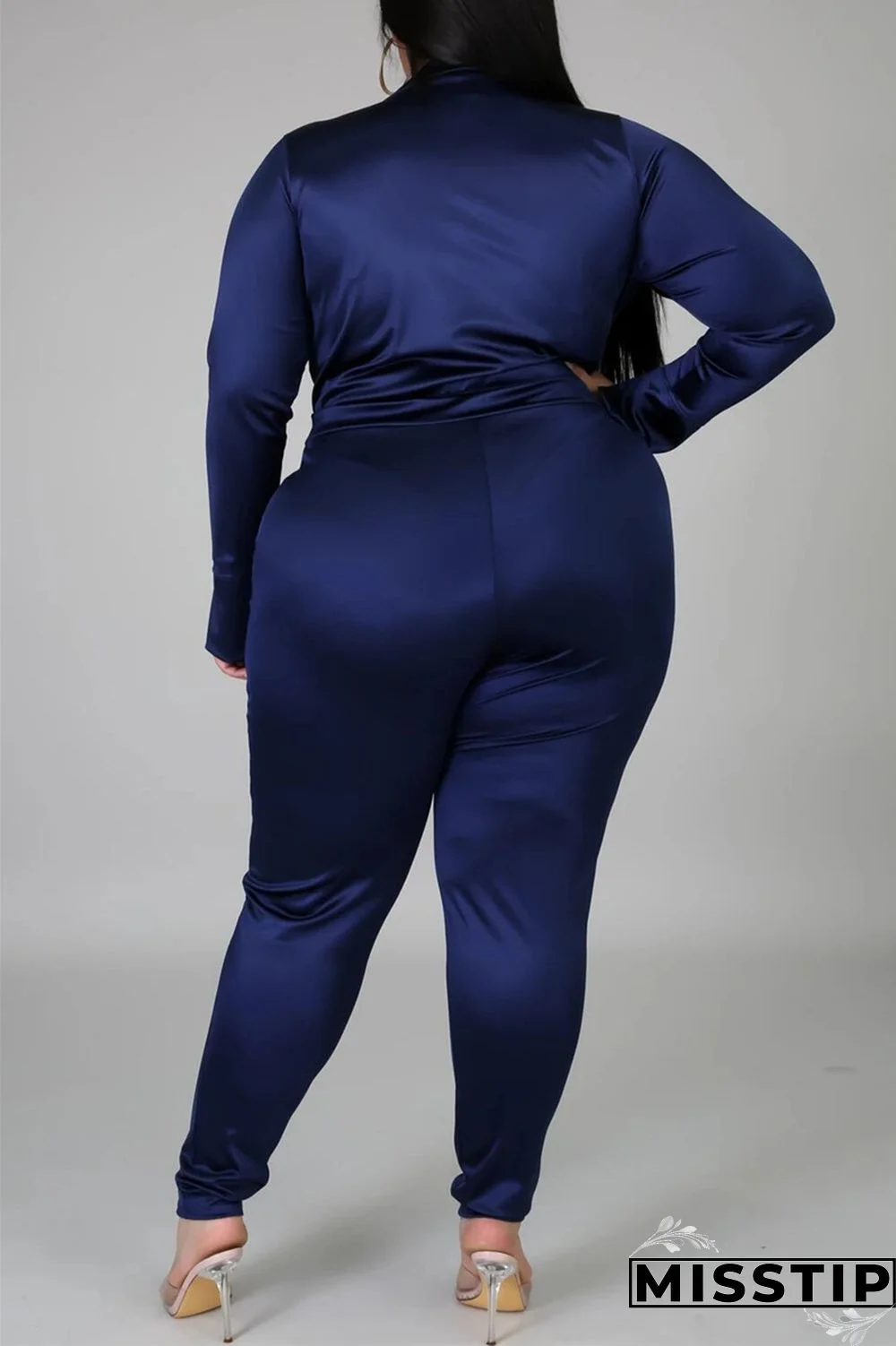 Blue Fashion Casual Solid Basic Turtleneck Plus Size Set