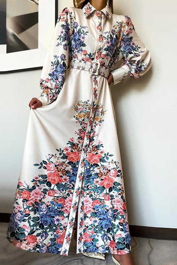 Womens Elegant Temperament Romantic Floral Print Shirt Dress-Allyzone-Allyzone