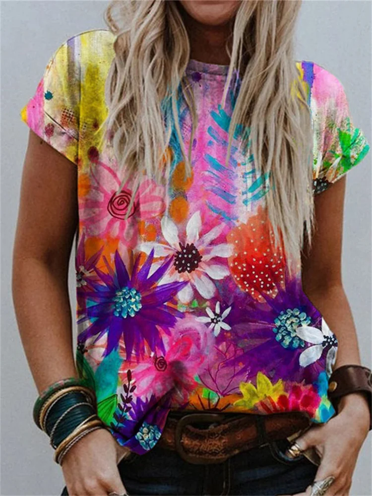 Colorful Fower Painting Print T Shirt