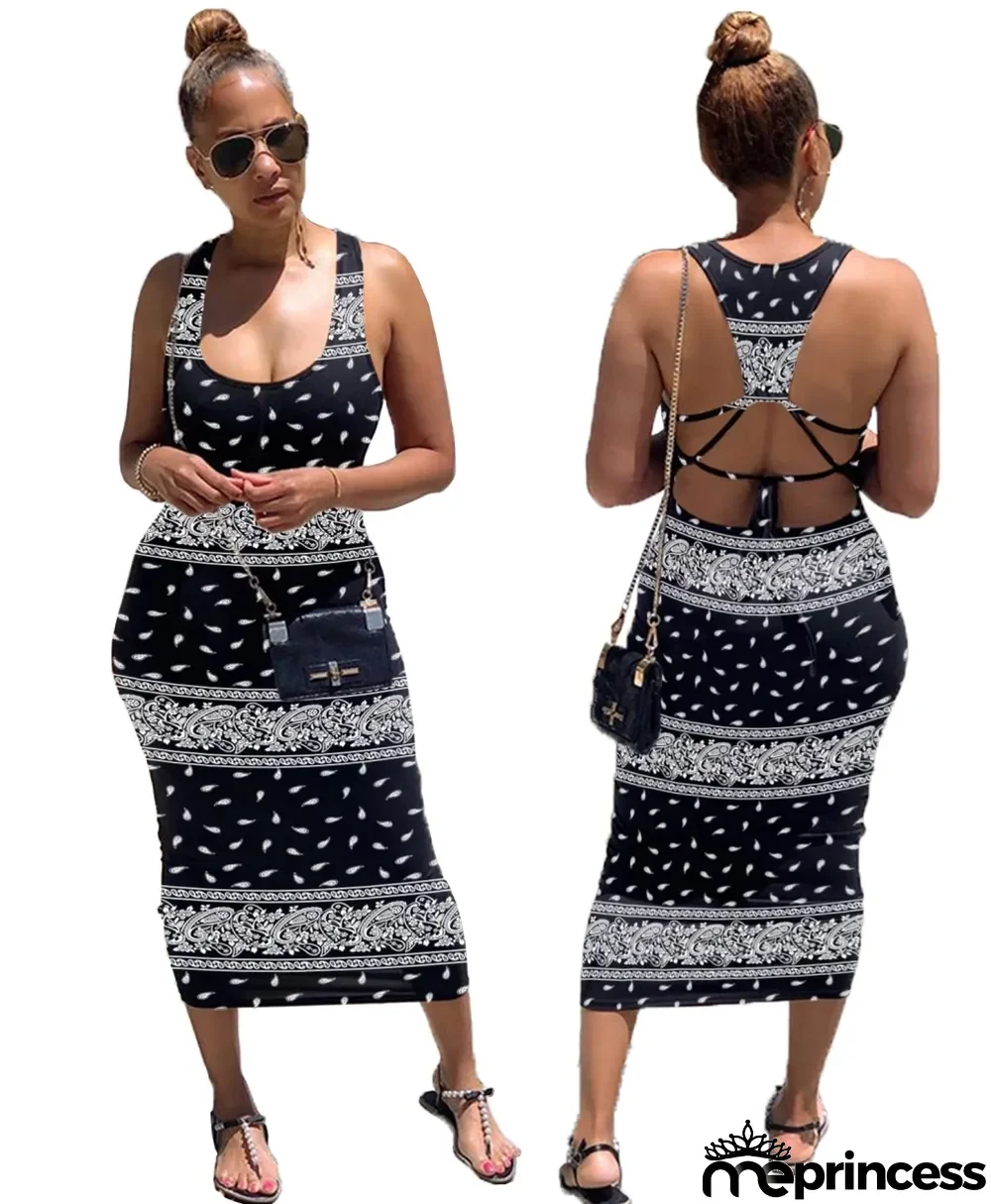 Casual Print Tight Long Vest Dress