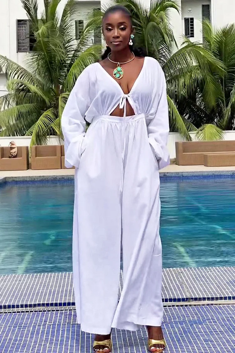 V Neck Tied Up Cutout Long Sleeve High-Rise Solid Jumpsuit-White [Pre Order]