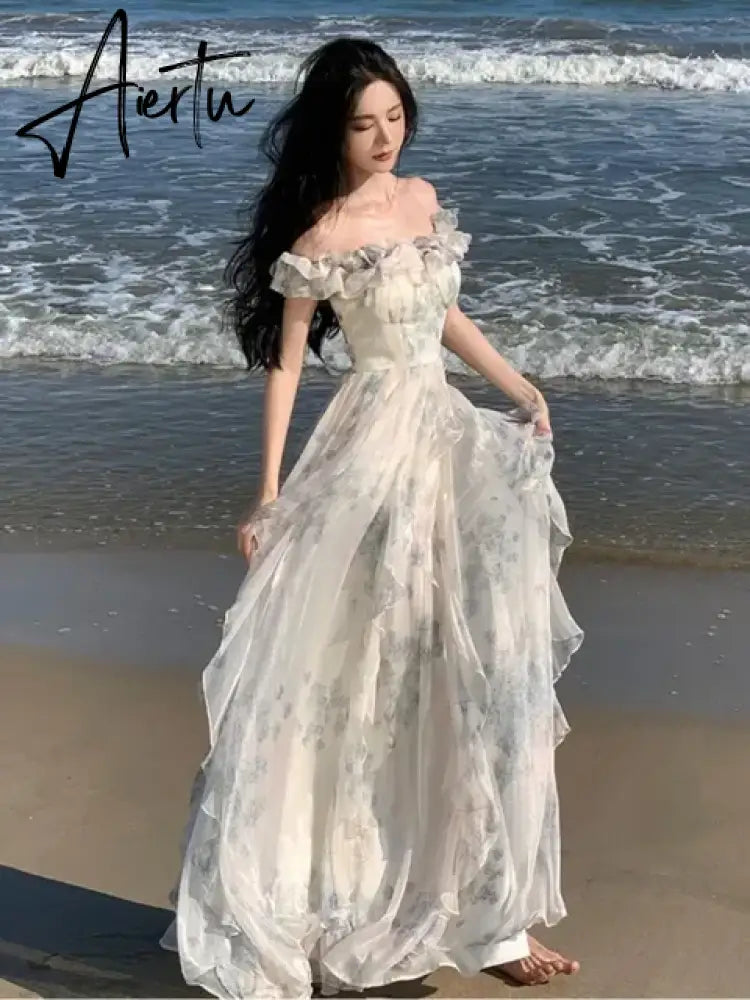 Aiertu French Vintage Bohemian Beige Print Ruffles Slip Long Dresses Summer Elegant Lady Off Shoulder Party Evening Dress Vestidos Robe Aiertu