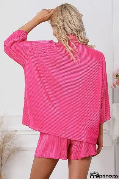 Pleated Button Up Shirt and Shorts Lounge Set