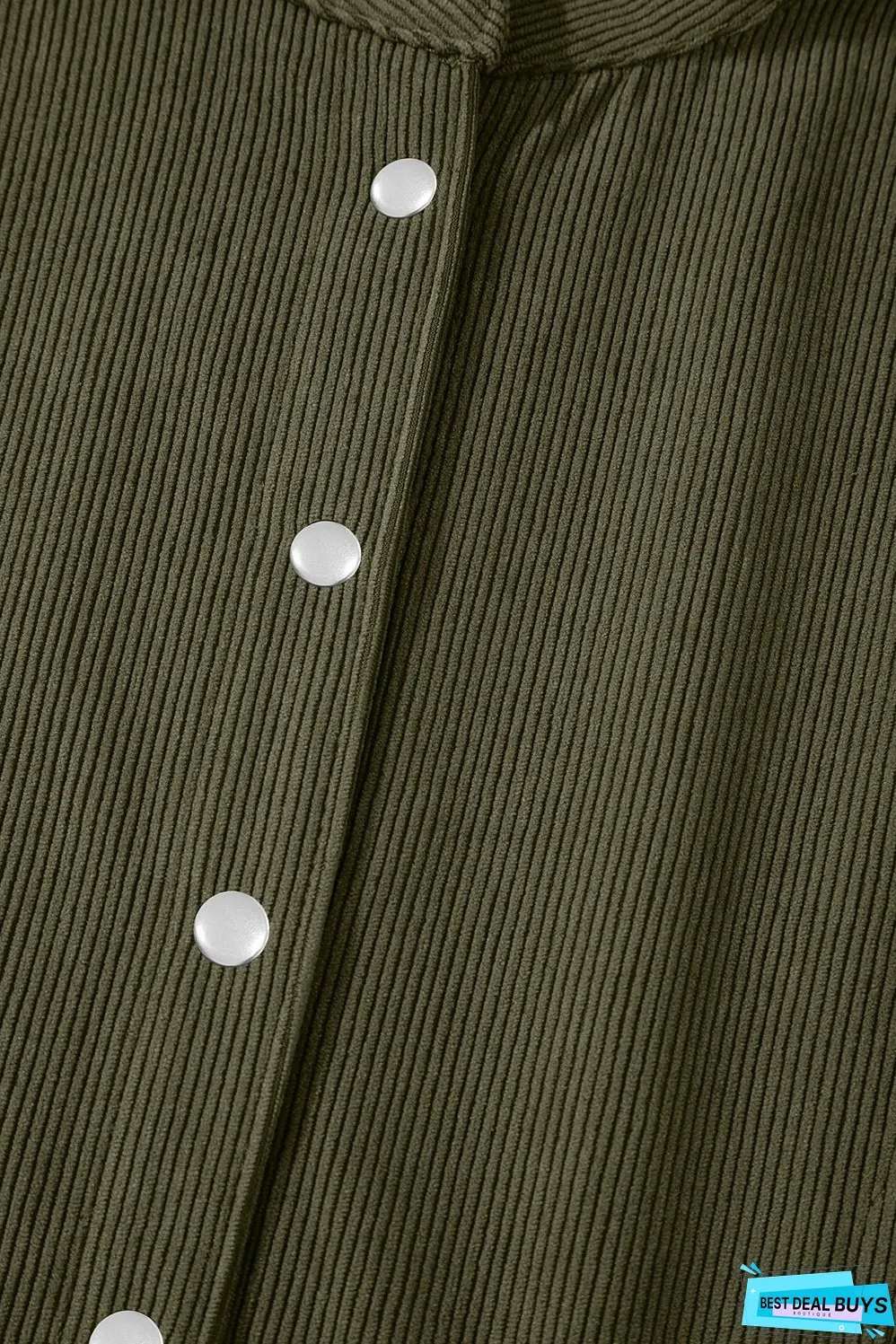 Vineyard Green Corduroy Snap Buttons Empire Waist Bracelet Sleeve Dress