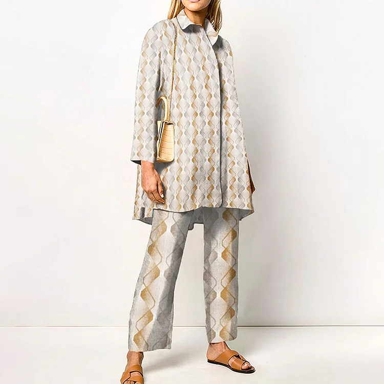 Fashion Print Long Sleeve Shirt Two Piece Set