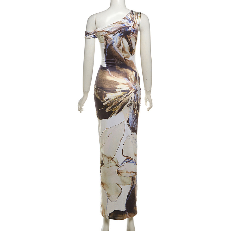 Ootddress Diagonal Collar Print Maxi Dress Women Slim Sexy Hip Wrap Sleeveless Summer Fashion Lady Beach Banquent Bodycon Long Dress